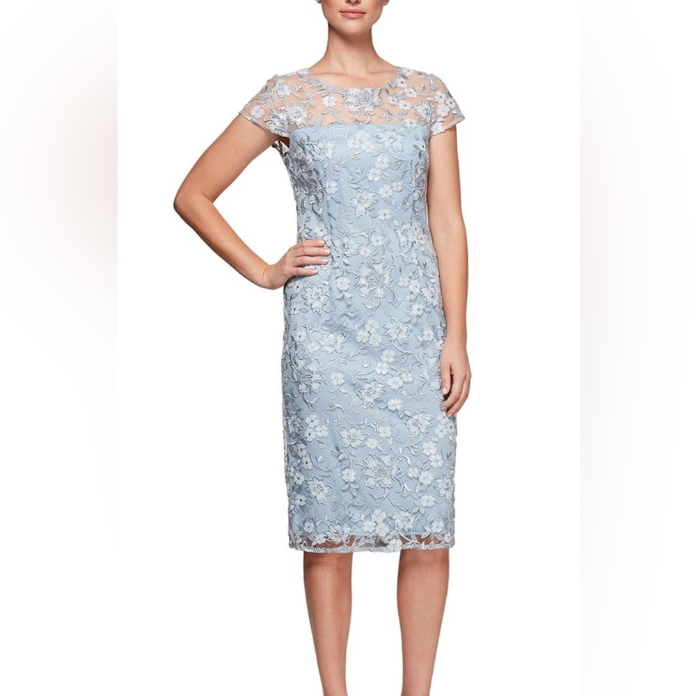 Alex Evenings Blue Lace Floral Sheath Dress - Picture 2 of 14